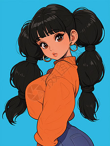 穿橙色上衣黑色头发时尚的卡通女孩图片