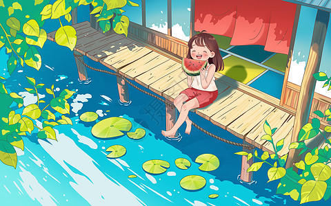 二十四节气夏至夏天女孩吃西瓜湖水木屋手绘插画图片