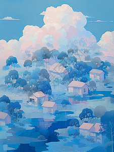 云雾缭绕梦幻唯美的蓝色调卡通小村庄图片