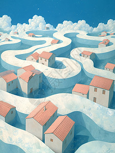 云雾缭绕梦幻的蓝色调卡通小村庄图片