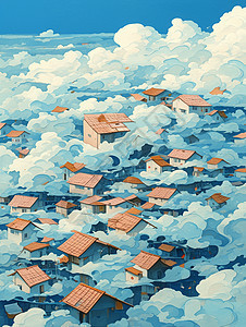 云雾缭绕唯美的蓝色调卡通小村庄图片