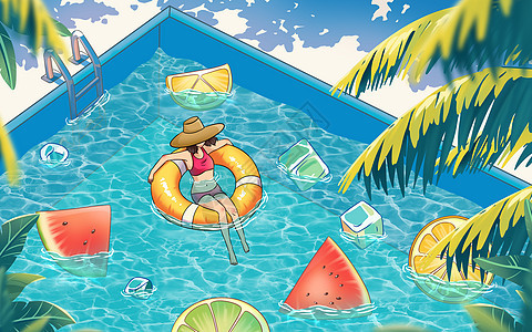 二十四节气夏至夏天泳池西瓜冰块植物手绘插画图片