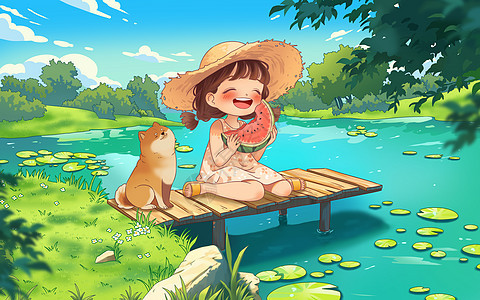 二十四节气夏至夏天河水女孩清凉手绘插画图片