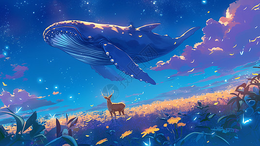空中飞游的卡通大鲸鱼与草地上一只鹿图片
