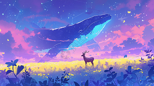 夜晚空中飞游的卡通大鲸鱼与草地上一只鹿图片