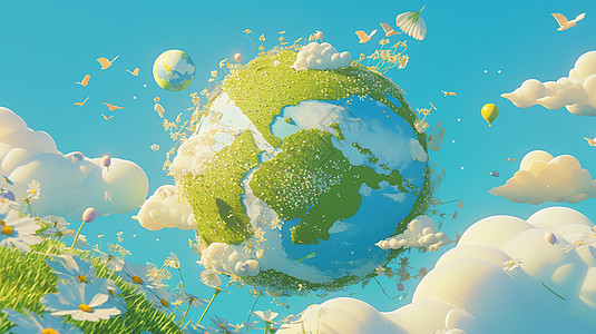 空中一个悬浮科幻的绿色卡通地球图片