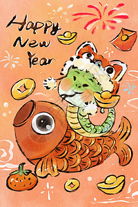 手绘水墨可爱风之蛇年与锦鲤可爱插画图片
