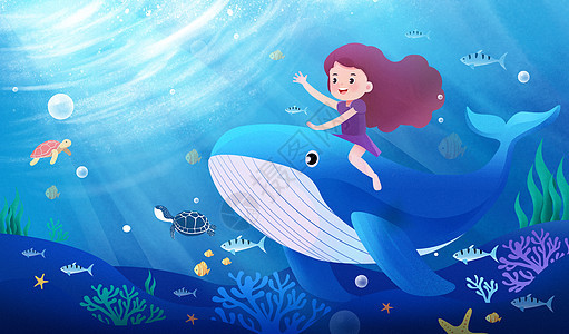 世界海洋日之女孩与鲸鱼鱼群可爱治愈系场景图片