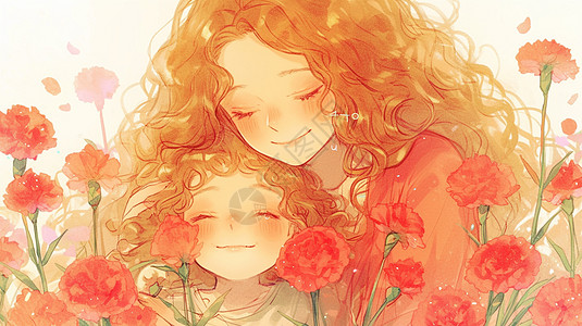 母亲节在红色康乃馨花丛中微笑的母女图片