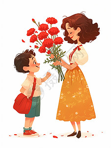 可爱的卡通小男孩给妈妈送花图片