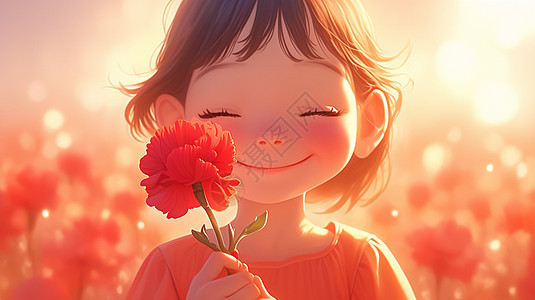 母亲节手拿红色康乃馨微笑的卡通小女孩图片