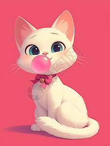 正在吹粉色泡泡糖的可爱大白猫图片