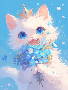 手捧着蓝色小花头戴皇冠的小白猫图片