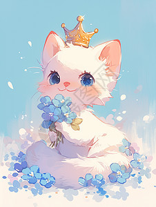 手捧着蓝色小花头戴皇冠的卡通小猫图片