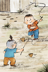 手绘水墨古风风童年游戏之玩陀螺插画图片