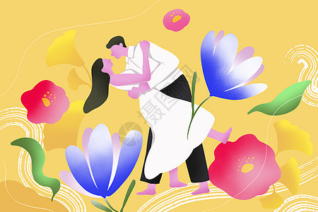 情人节花朵元素浪漫情侣扁平横板插画图片