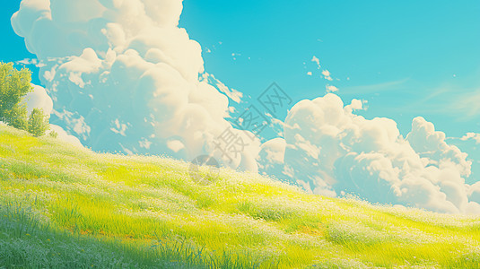白云下一大片绿色长满绿草的卡通小山坡图片