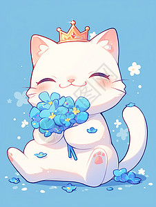 抱着蓝色花朵头戴皇冠的可爱卡通小猫图片
