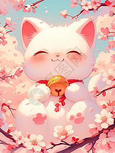 脖子上挂金色铃铛在粉色桃花林中微笑的卡通招财猫图片