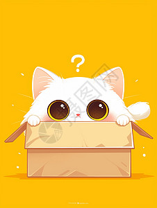 躲藏在纸箱中的一只大眼睛可爱的卡通小白猫图片