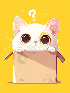 藏在纸箱中的一只大眼睛可爱的卡通小白猫图片