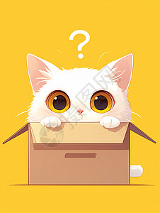 躲在纸箱中的一只大眼睛可爱的卡通小白猫图片