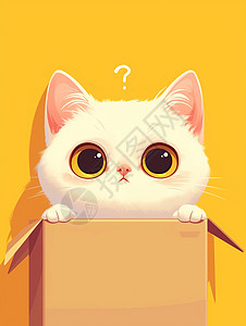 躲藏在纸箱中的一只大眼睛的卡通小白猫图片