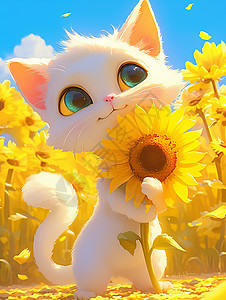 在向日葵花园中抱着黄色大朵向日葵的卡通小白猫图片