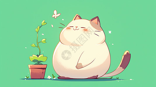 白色可爱的卡通小猫坐在小小的花盆旁图片