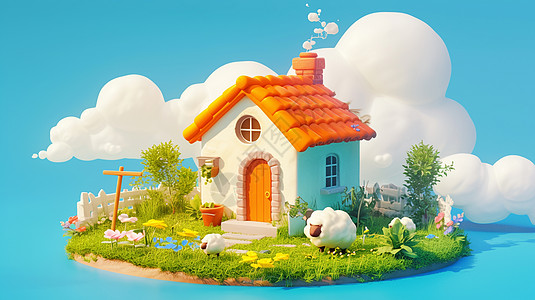 橙色屋顶立体可爱的卡通小房子旁有一只卡通小绵羊图片