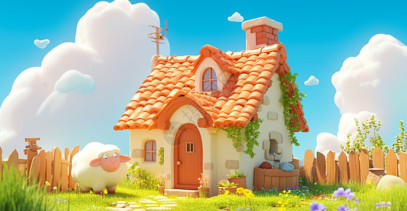 橙色屋顶立体的卡通小房子旁有一只卡通小绵羊图片