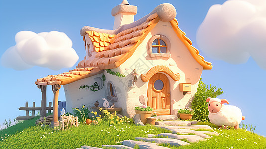 橙色屋顶立体可爱的卡通小房子旁有一只卡通绵羊图片