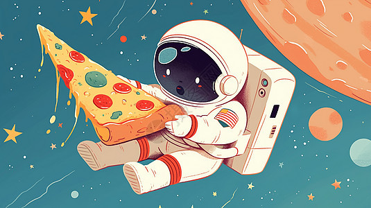 穿太空服的卡通宇航员在太空中抓着大大的披萨图片