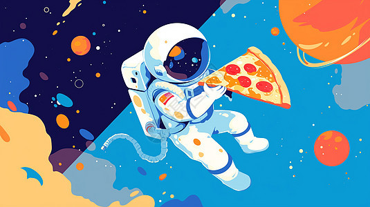 身穿太空服的卡通宇航员在太空中抓着披萨图片