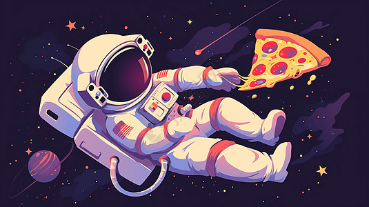 穿太空服的卡通宇航员在太空中抓着披萨图片
