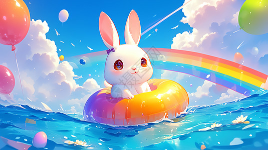 可爱的卡通小白兔戴着游泳圈在大海上玩耍图片