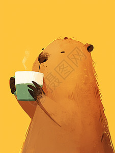 正在优雅喝咖啡的可爱卡通小动物图片