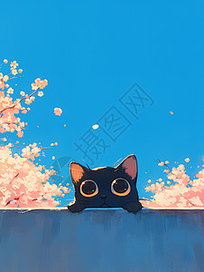 趴在墙头上一只可爱的卡通小黑猫图片