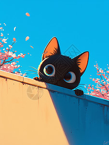 墙头上一只可爱的卡通小黑猫图片