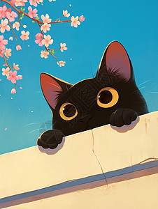 趴在墙头上一只可爱的卡通黑猫图片