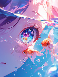 大眼睛的卡通女孩看着在水里游泳的红色小鱼图片