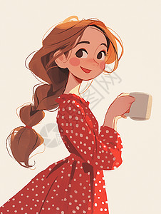 身穿红色波点连衣裙端着茶杯的可爱卡通小女孩图片