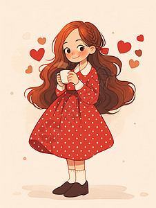 身穿红色波点连衣裙端着茶杯的可爱卡通女孩图片