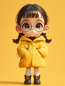 穿黄色外套戴着黑框眼镜的可爱立体卡通小女孩图片