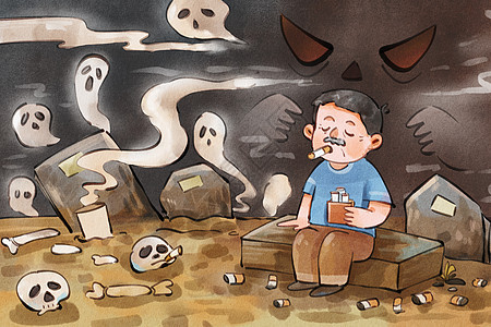 手绘水彩世界无烟日之抽烟人的危害场景插画图片