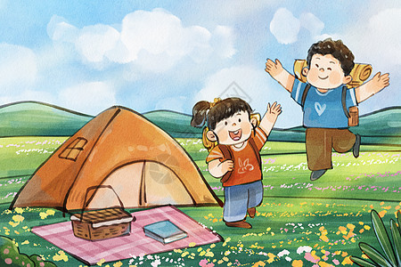 手绘水彩夏令营帐篷与欢呼的儿童可爱治愈插画图片