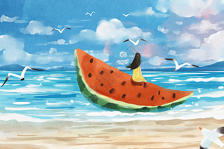 手绘水彩夏天西瓜与大海唯美治愈系插画图片