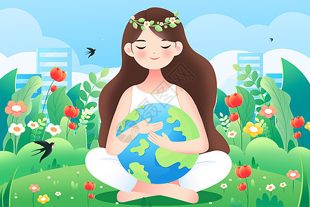 环境日一个女性女生抱着地球和自然植物环保插画图片