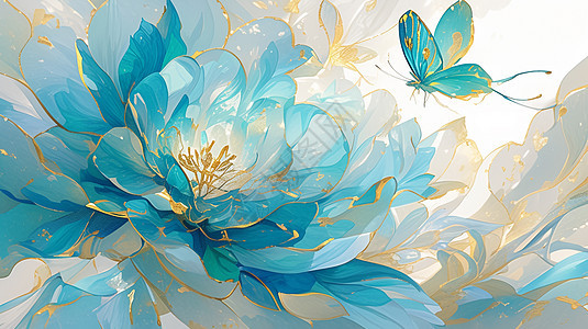 蓝色镶金边的梦幻唯美的卡通牡丹花与蝴蝶图片