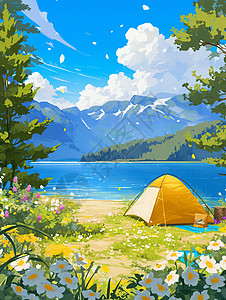 天空下深蓝色湖边一个黄色卡通帐篷图片